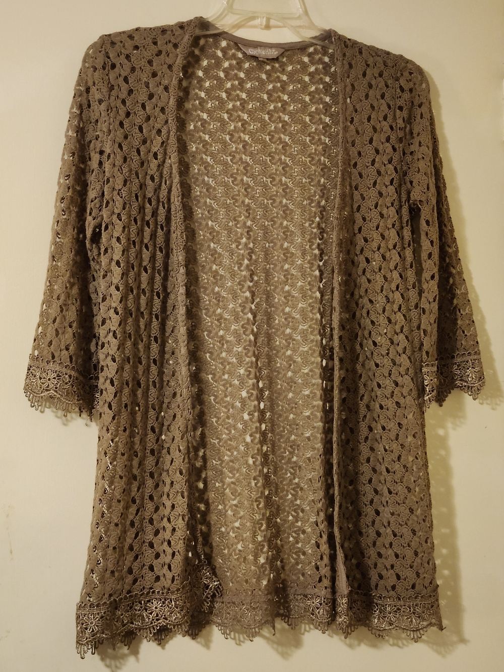 Crochet Boho Open-Front Fairycore Cardigan Scalloped Lace Trim - Taupe M
